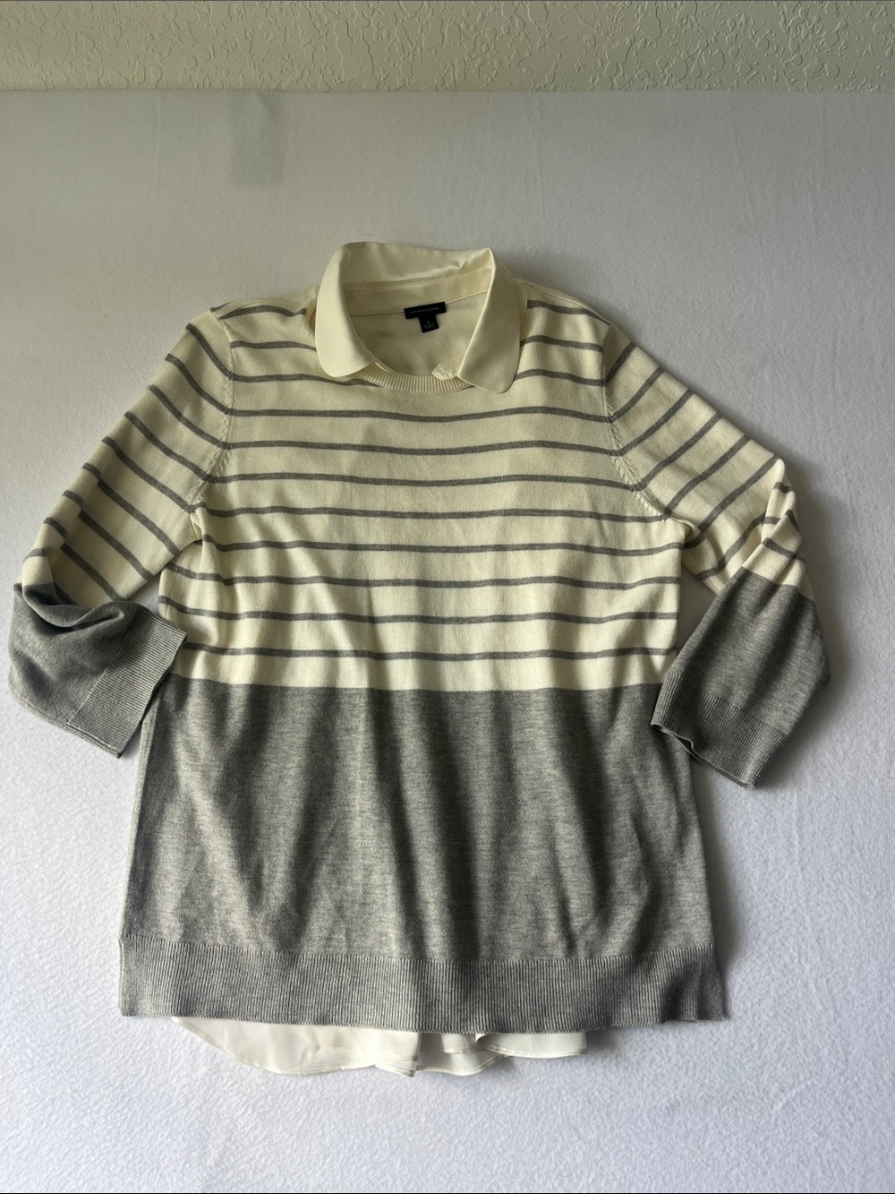Ann Taylor Cream and Gray Striped Crewneck Sweater with Attached Collar